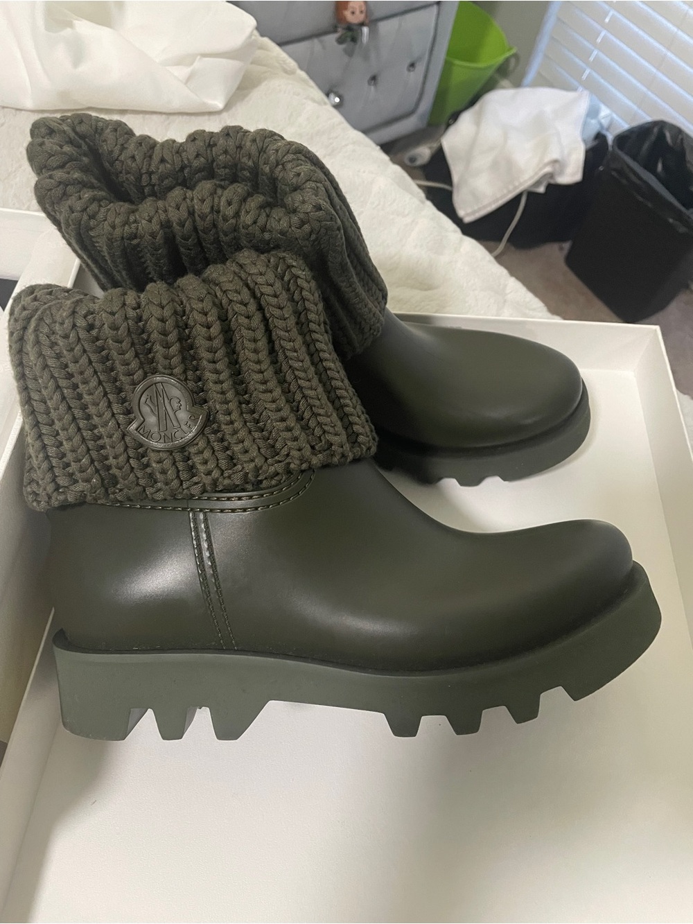 NWT Moncler Olive Green Knit-Cuff Lug Sole Ankle Boots
